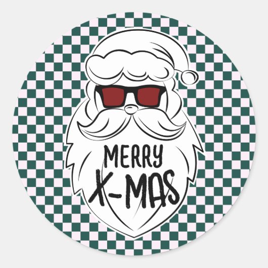 Sticker Rond Retro Green Pink Checkered Santa Claus Christmas (Devant)