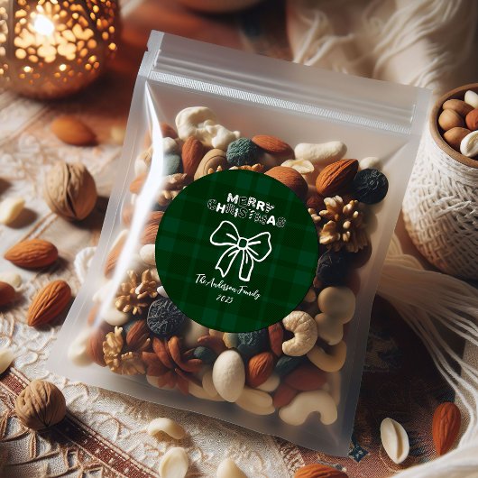 Sticker Rond Retro Green Plaid Whimsical Christmas