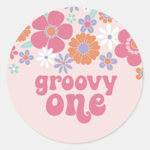 Sticker Rond Retro Groovy Une Fleur Rose