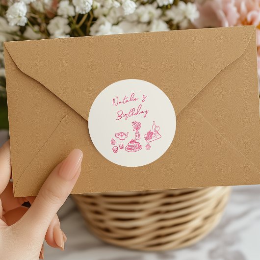 Sticker Rond Retro Hand Drake Pink Vaisselle Anniversaire Brunc