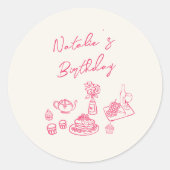 Sticker Rond Retro Hand Drake Pink Vaisselle Anniversaire Brunc (Devant)