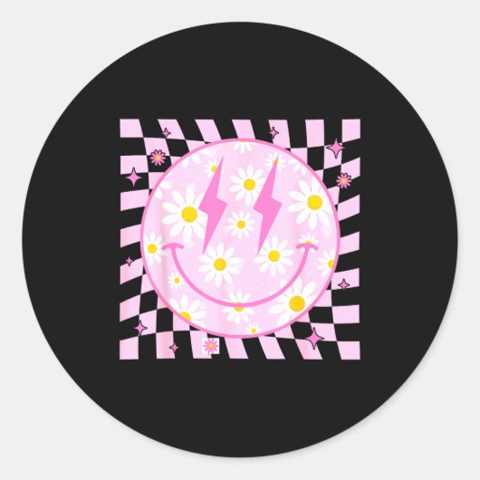 Sticker Rond Retro Happy Smile Face Checkered Pattern Nk Daisy  (Devant)