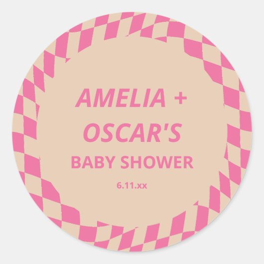 Sticker Rond Retro Hot Pink Abstract Checker Custom Baby Shower (Devant)