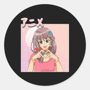 Sticker Rond Rétro Japonais Anime Girl Vaporwave Aesthétique ro