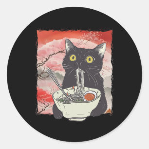 Sticker Rond Retro Japonais Chat Manger Ramen nouilles amusante