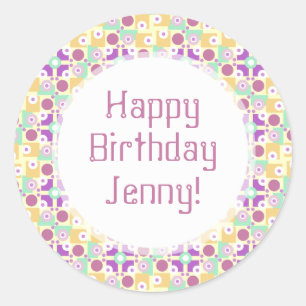 Sticker Rond Rétro joyeux anniversaire pourpre et jaune color