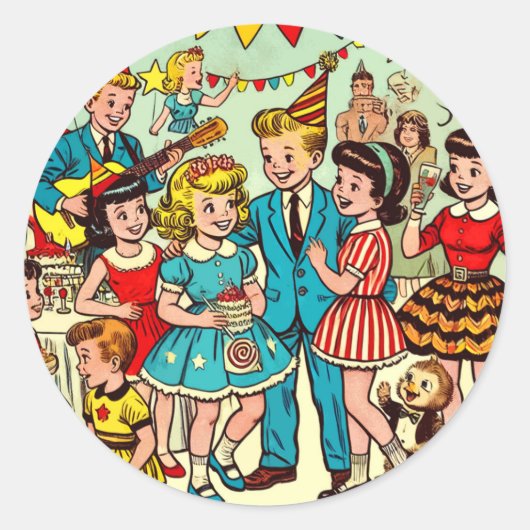 Sticker Rond Retro Kids Party Comics (Devant)