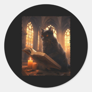 Sticker Rond Retro Livre de lecture de chat noir Vintage Hallow