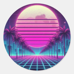 Sticker Rond rétro, lune de néon des années 80/palmiers