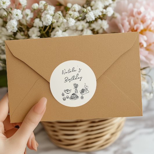 Sticker Rond Retro Main dessinée Noir Vaisselle Anniversaire Br