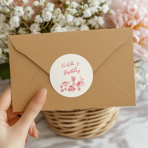 Sticker Rond Retro Main tiré Rouge Vaisselle Anniversaire Brunc