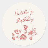 Sticker Rond Retro Main tiré Rouge Vaisselle Anniversaire Brunc (Devant)