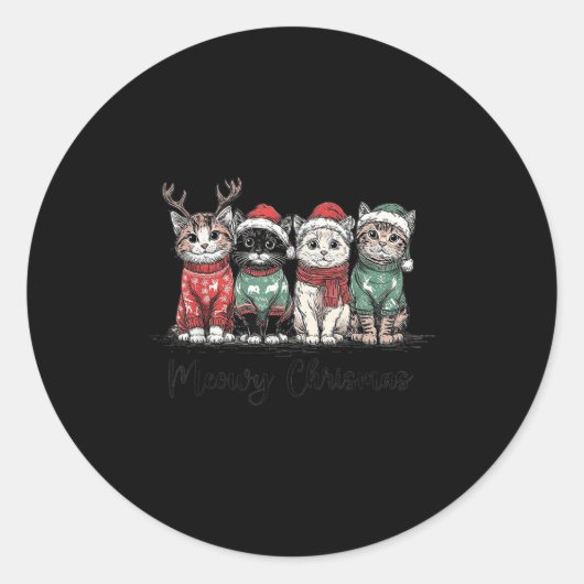 Sticker Rond Retro Meowy Christmas Cute Cats With Santa Claus H (Devant)