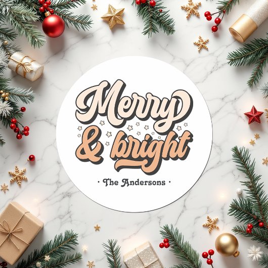 Sticker Rond Retro Merry & Bright Holiday Custom