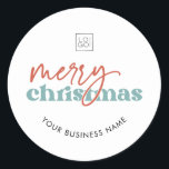 Sticker Rond Retro Merry Christmas Custom Business Company Logo<br><div class="desc">Ces autocollants élégants seraient parfaits pour vos besoins professionnels et promotionnels. Ajoutez facilement votre propre logo et texte personnalisé en cliquant sur l'option "personnaliser".</div>