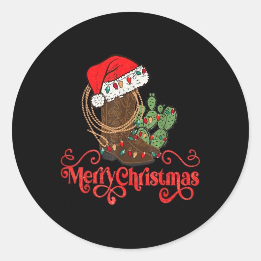 Sticker Rond Retro Merry Xmas Santa Hat Cowboy Botte Western Ch (Devant)