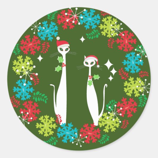 Sticker Rond Retro Mid-Century moderne Cool Chat Noël Wreath (Devant)