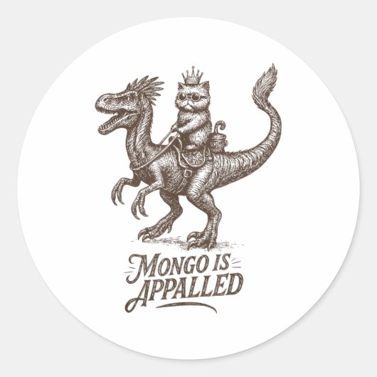 Sticker Rond Retro Mongo Is Appalled Princess Cat Riding Dinosa (Devant)