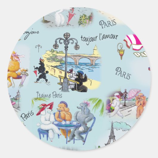 Sticker Rond Retro Paris Poodle Collage (Devant)