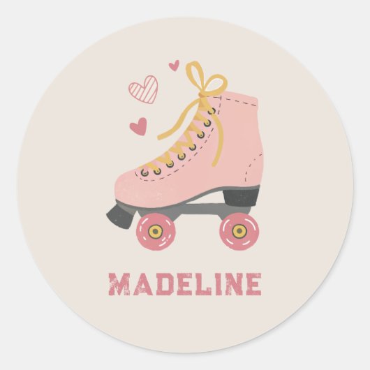 Sticker Rond Retro Patins à rouleaux rose Nom Classe Valentine (Devant)