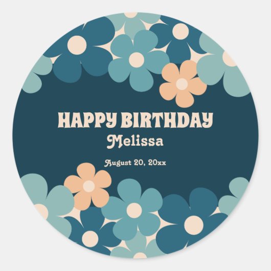 Sticker Rond Retro Peach Dark Green Boho Flower 40th Birthday (Devant)