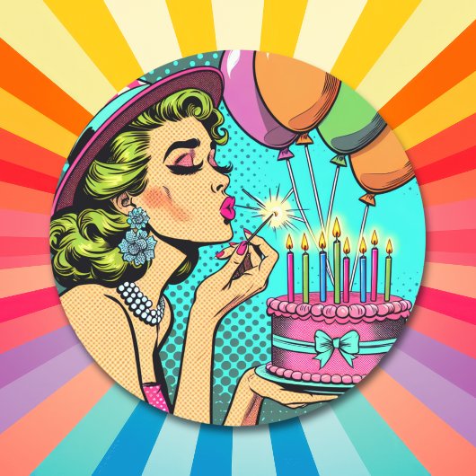 Sticker Rond Retro Pop Art Pinup femme et gâteau d'anniversaire
