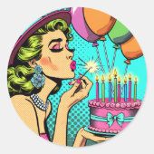Sticker Rond Retro Pop Art Pinup femme et gâteau d'anniversaire (Devant)