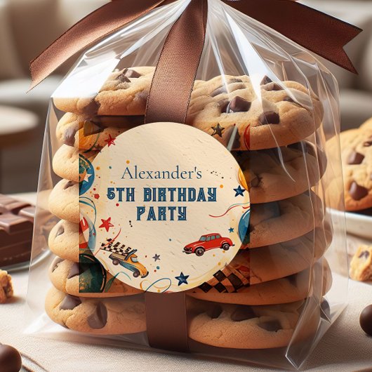 Sticker Rond Retro Race Car Birthday Party