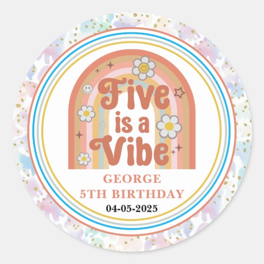 Sticker Rond Retro Rainbow FIVE is a Vibe Groovy 5th Birthday (Devant)