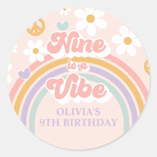 Sticker Rond Retro Rainbow Nine est un Vibe 9e anniversaire (Devant)