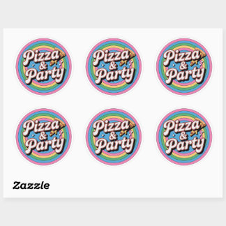Sticker Rond Retro Rainbow Pizza and Party Birthday Round Stick