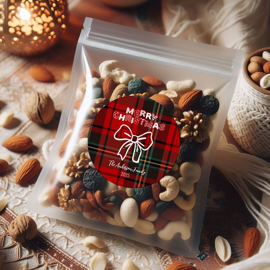 Sticker Rond Retro Red Plaid Whimsical Christmas 