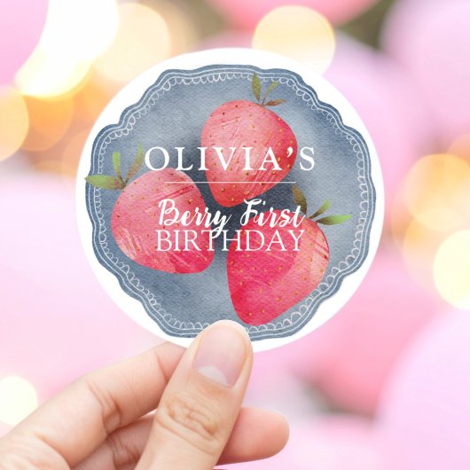 Sticker Rond Retro red Strawberry Berry First Birthday 