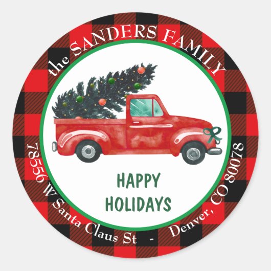 Sticker Rond Retro Red Truck2 Christmas Tree Adresse de retour (Devant)