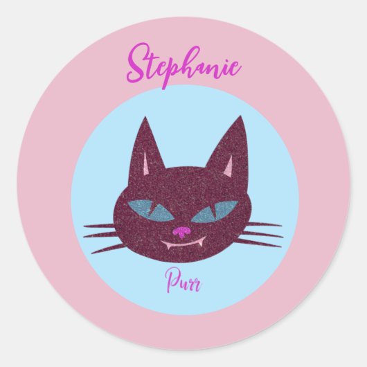 Sticker Rond Rétro rose et bleu Purring Kitty (Devant)