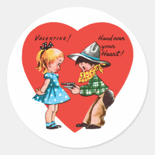 Sticker Rond Rétro Saint-Valentin, cow-boy vintage avec fille
