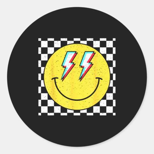 Sticker Rond Retro Smile Face Checkered Pattern Preppy Happy Fa (Devant)