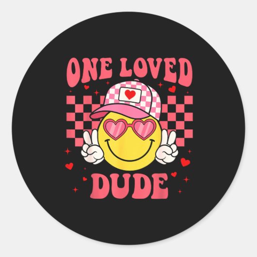 Sticker Rond Retro Smile Face One Loved Dude Valentines Day Men (Devant)
