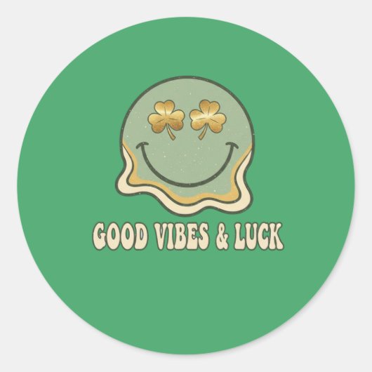 Sticker Rond Retro St. Patrick's Day Good Vibes & Luck Smiley  (Devant)