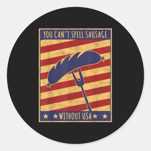 Sticker Rond Retro Ster You Can't Spell Sausage Without Usa (Devant)