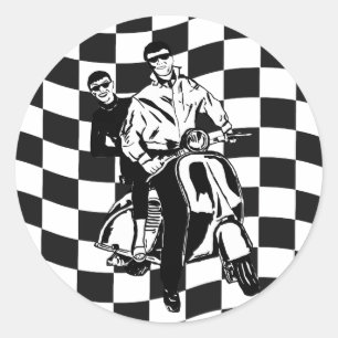 Sticker Rond Retro style check scooter garçon et fille