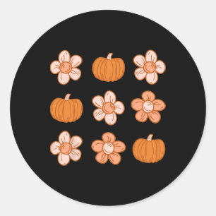 Sticker Rond Retro Super Halloween Automne Hippie Citrouille Fl