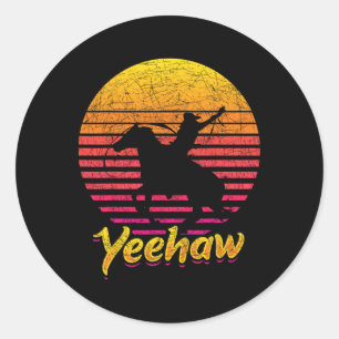 Sticker Rond Retro Texas Western Cowboy Yeehaw Horseback équita