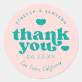 Sticker Rond Retro Union rose et Merci Mariage Turquoise (Devant)