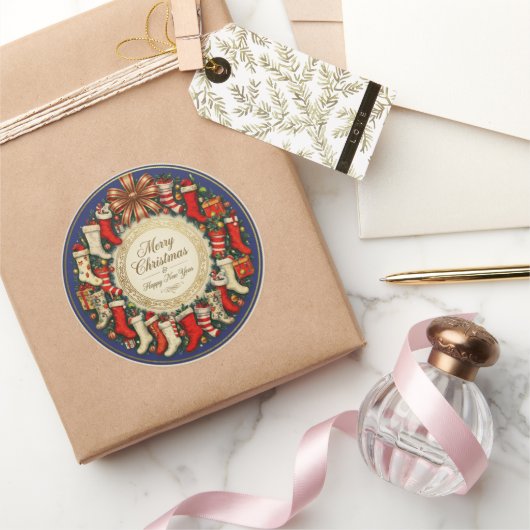 Sticker Rond Retro Vintage Christmas Stockings Blue (Cadeaux)