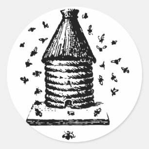 Sticker Rond Retro Vintage noir et blanc ruche et abeilles