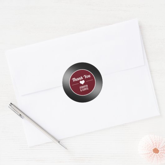 Sticker Rond Retro Vinyl Record Vin Rouge Mariage Merci (Enveloppe)