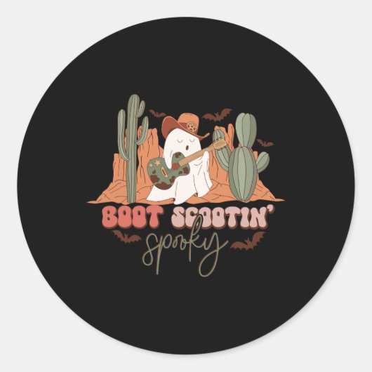 Sticker Rond Retro Western Halloween Cute Ghost Fun Boot Scooti (Devant)
