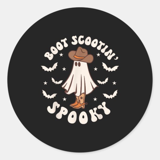 Sticker Rond Retro Western Halloween Cute Ghost Funny Boot Scoo (Devant)