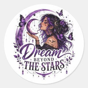 Sticker Rond Rêve au-delà des étoiles Sorcière Wiccan Violet Cé